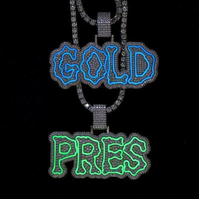 Gold Presidents Pendant White Gold / 18" Rope Chain - 4mm / 2-Letters Custom Bone Font Name Necklace | Glow In The Dark