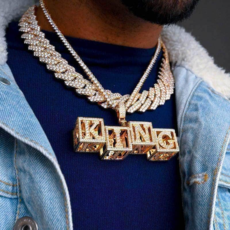 Gold Presidents Pendant Yellow Gold / 18&quot; 4mm Rope Chain / 2-Letters Custom Baby Block Iced Diamond Letters