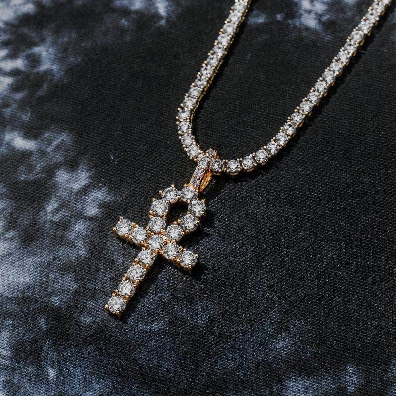 Gold Presidents Pendant Yellow Gold / 18&quot; Tennis Chain Gold Ankh Cross Necklace