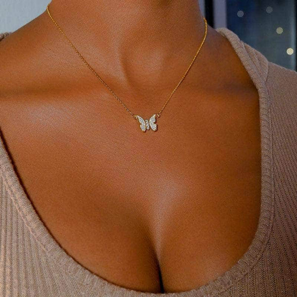 Amazon.com: 14K Real Solid Gold Butterfly Necklace | Charm Dainty Trendy CZ  Pendant | Best Birthday Gift for Women : Handmade Products