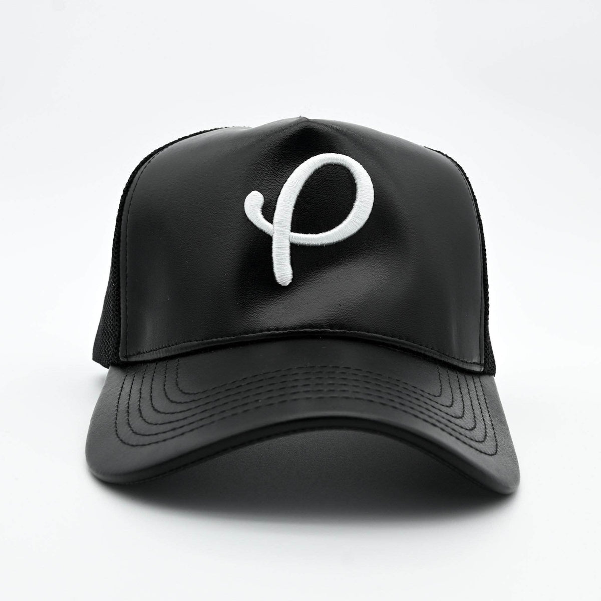 Gold Presidents Trucker Hat Black P Logo Leather Trucker Hat