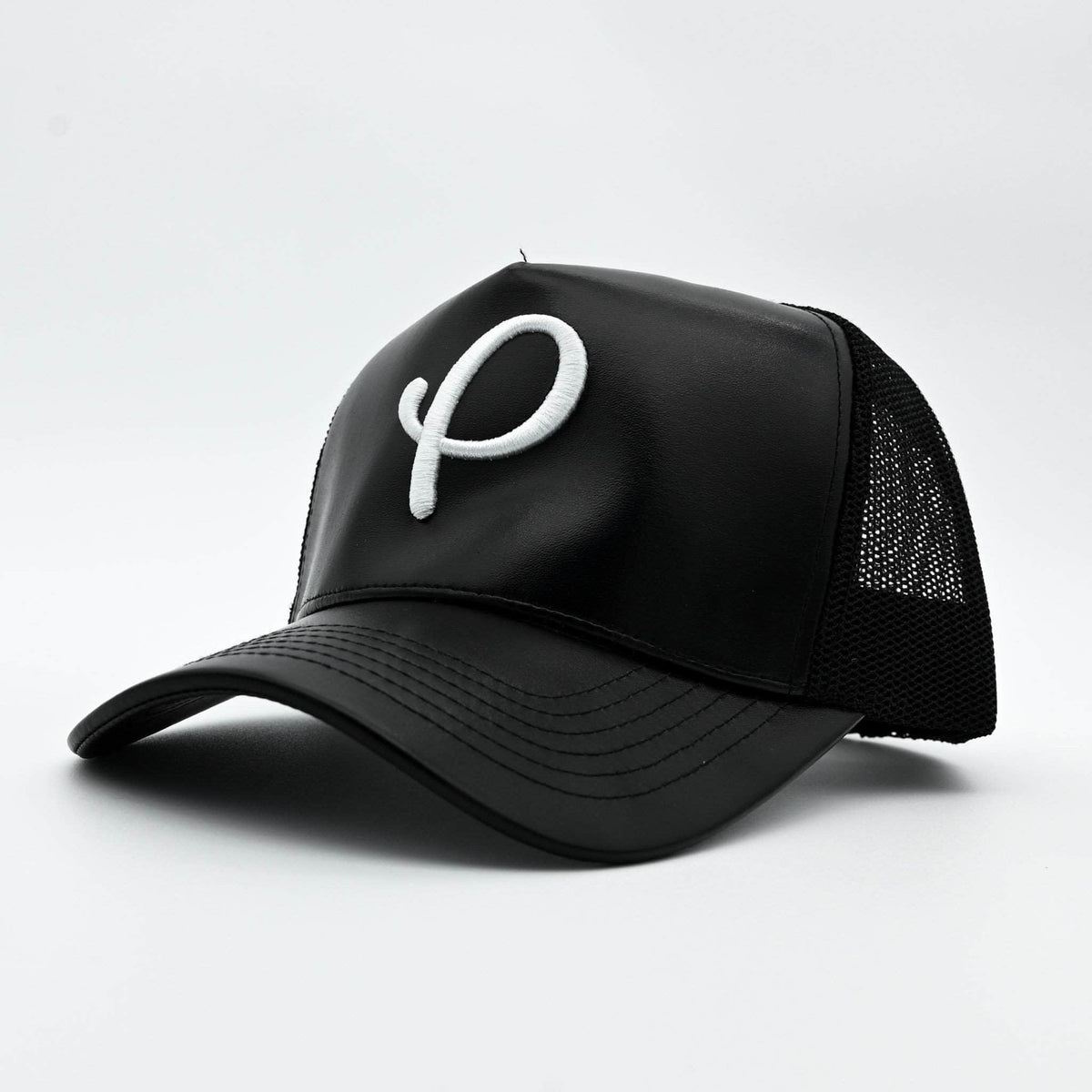 Gold Presidents Trucker Hat Black P Logo Leather Trucker Hat