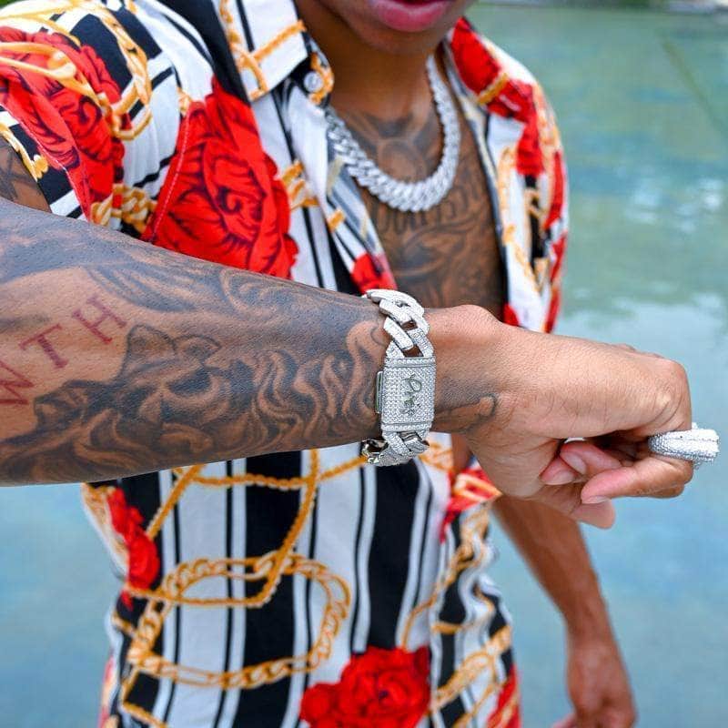 Pres Cuban Link Diamond Prong Baguette Cuban Link Chain and Bracelet Bundle (19mm)