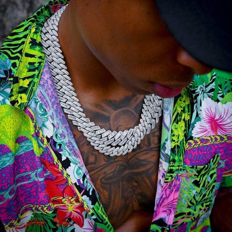 Pres Cuban Link White Gold / 18" / 18" Diamond Prong Baguette Cuban Link Chain (19mm) + Diamond Cuban Link Chain (12mm) Bundle