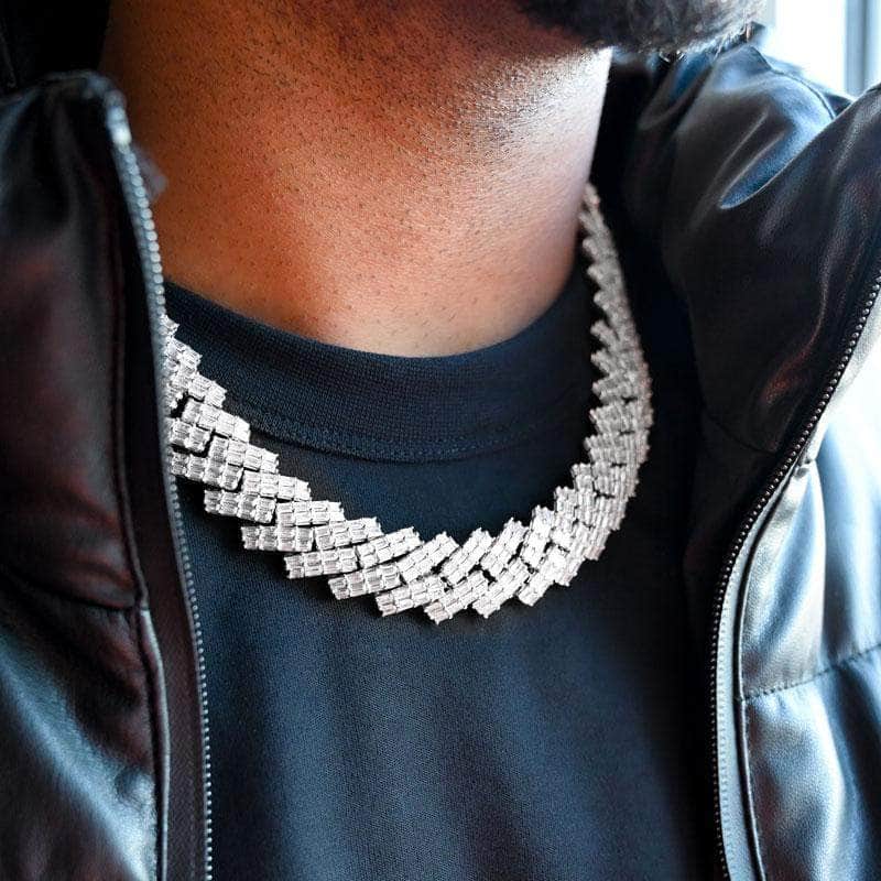 Pres Cuban Link White Gold / 18" Diamond Prong Set Baguette Cuban Link Chain (19mm)