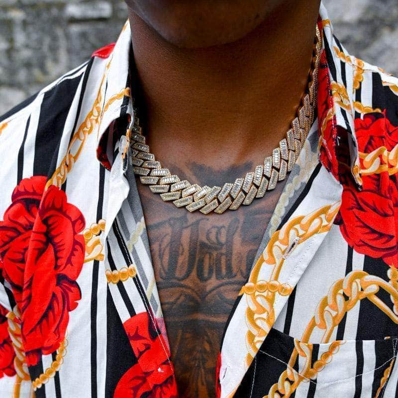 Pres Cuban Link Yellow Gold / 18&quot; Diamond Prong Baguette Cuban Link Chain (19mm)