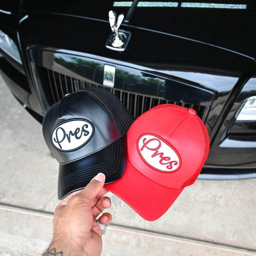 Pres Hat Red Leather Trucker Hat