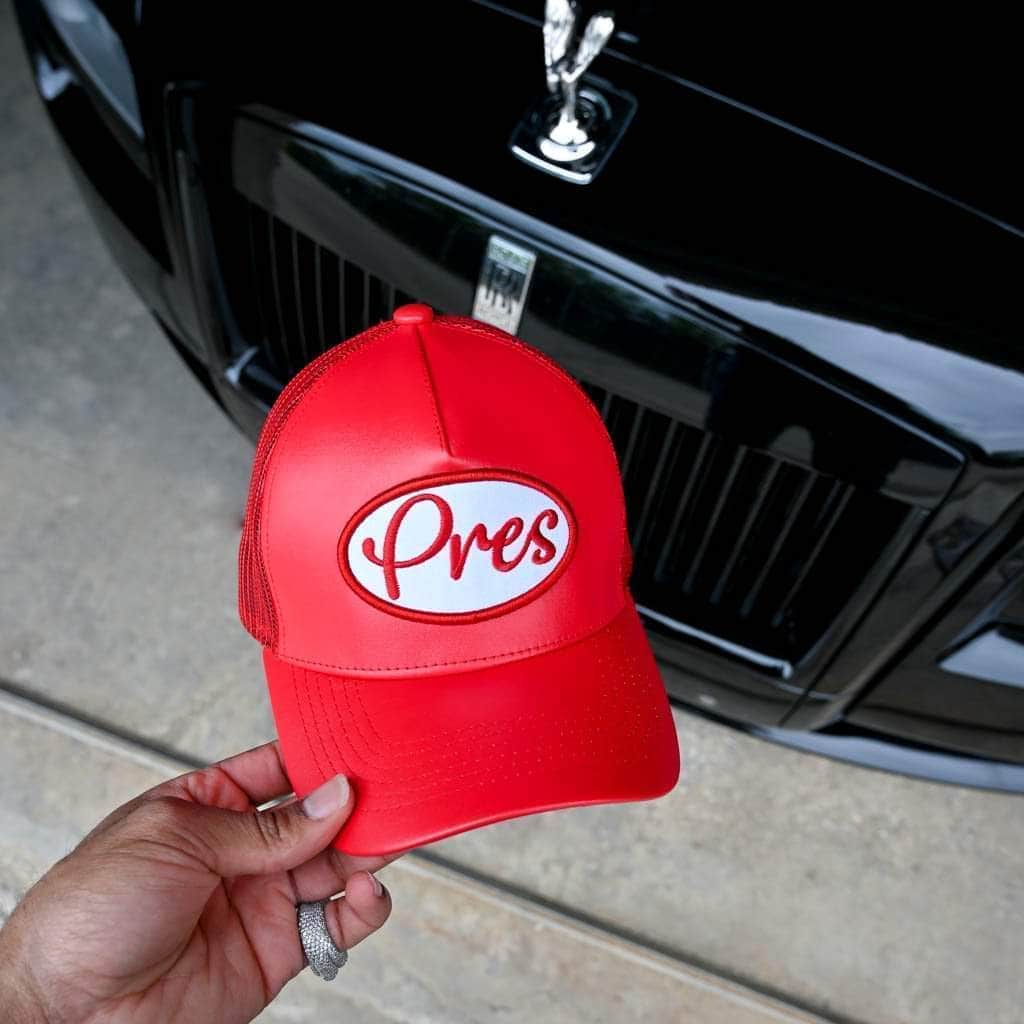 Pres Hat Red Leather Trucker Hat