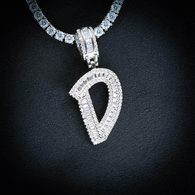 Pres Initial Necklace D / 2mm Rope Chain Baguette Diamond Initial Letter Necklace
