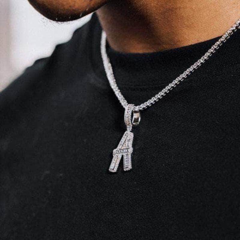 Pres Initial Necklace V / 2mm Rope Chain Baguette Diamond Initial Letter Necklace