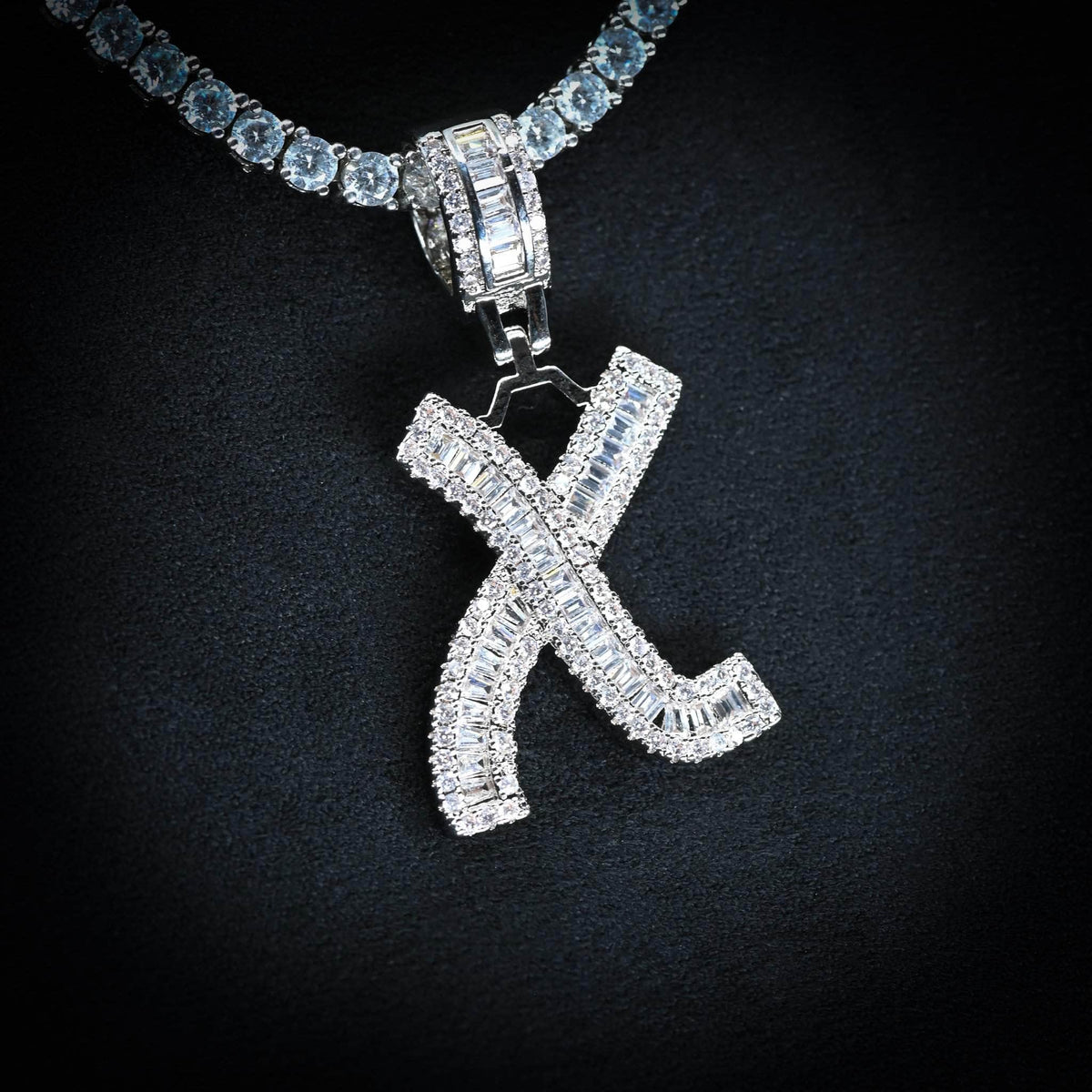 Pres Initial Necklace X / 2mm Rope Chain Baguette Diamond Initial Letter Necklace