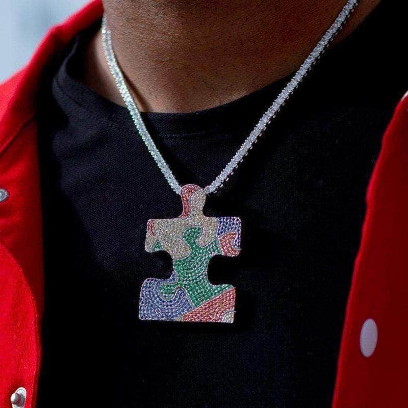 Pres Pendant Colorful / 18&quot; 2mm Rope Chain Iced Puzzle Piece in White Gold