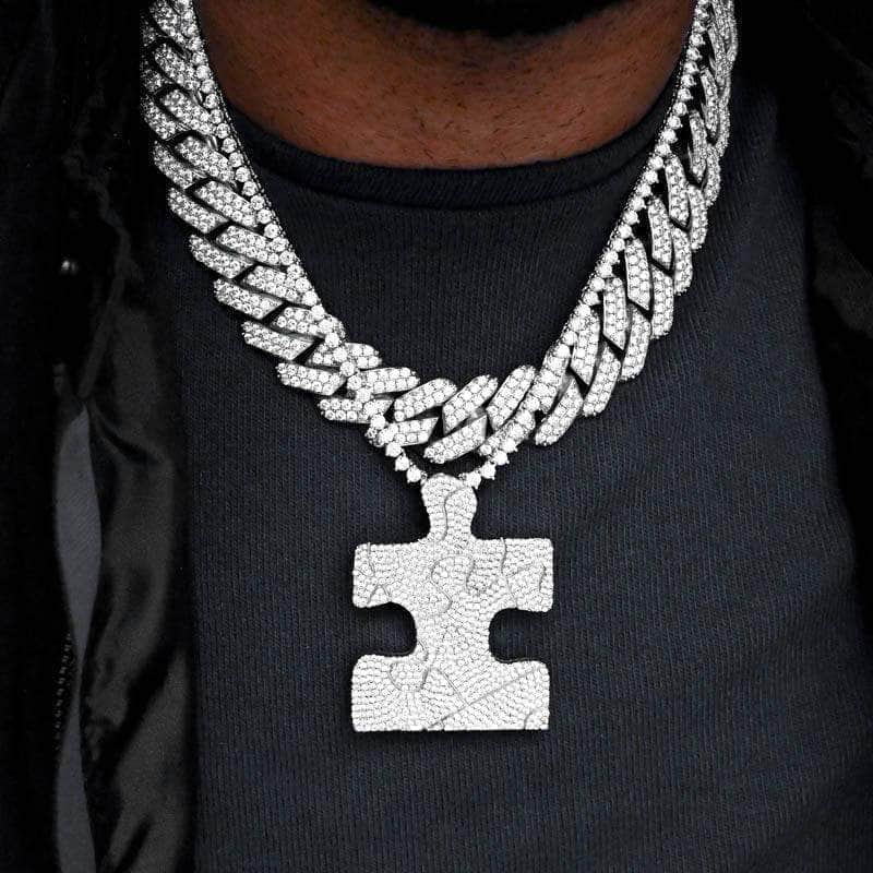 Pres Pendant White / 18" 2mm Rope Chain Iced Puzzle Piece in White Gold