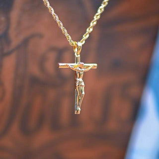 10K Crucifix Cross - 10k Yellow Gold / 18" Gold 1.5mm Rope Chain